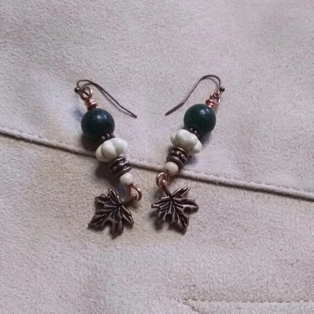 Copper Maple Leaf + Stone Beads Dangle Earrings | Fall Countrycore Cabincore - Picture 9 of 12